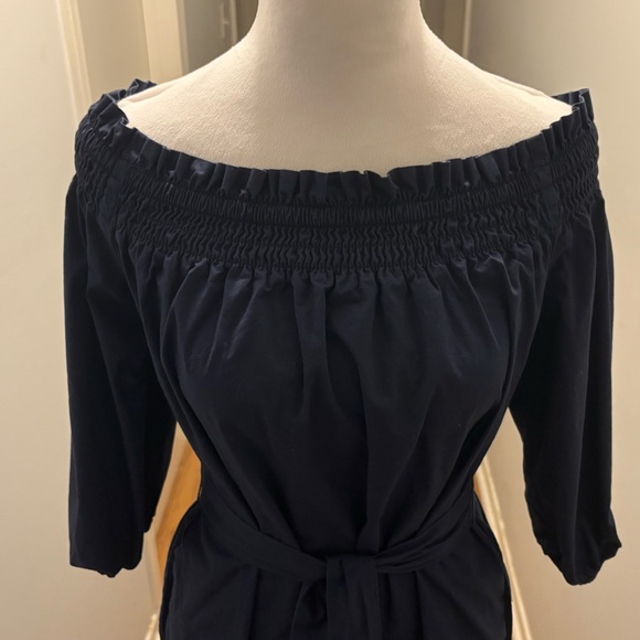 Banana Republic, Off-Shoulder Navy Cotton Midi Dress with Tie Belt, Size S - Picture 3 of 13